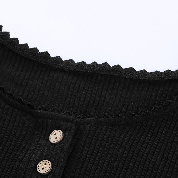 Black Crochet Lace Hem Sleeve Button Top - Picture 6 of 14